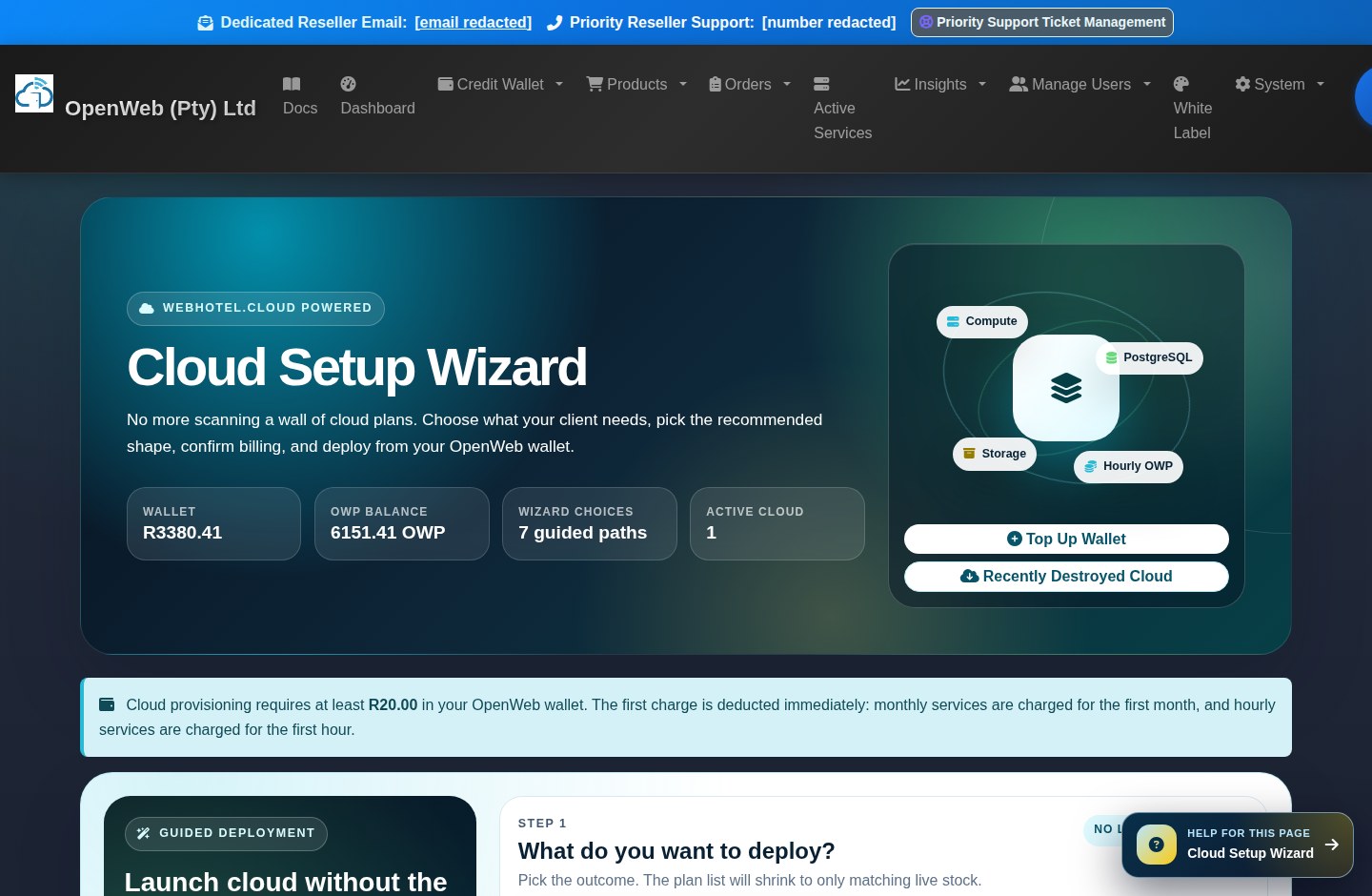 Current OpenWeb reseller panel screenshot: Cloud Setup Wizard